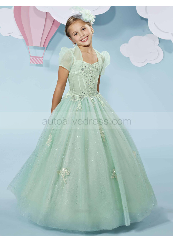 Beaded Lace Appliques Shimmering Tulle Flower Girl Dress With Bolero